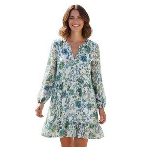 Vince Camuto Floral Dress 3X Ruffle Hem Long Sleeve Green Blue Boho Cottagecore
